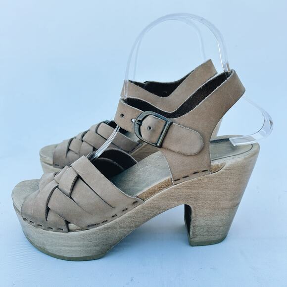 No. 6 Woven Leather Wooden Clogs Heels Sandal Beige 7 Tan Natural 37 Ankle Strap - Picture 7 of 14